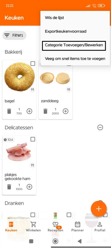 Add/Edit Category option in overflow menu